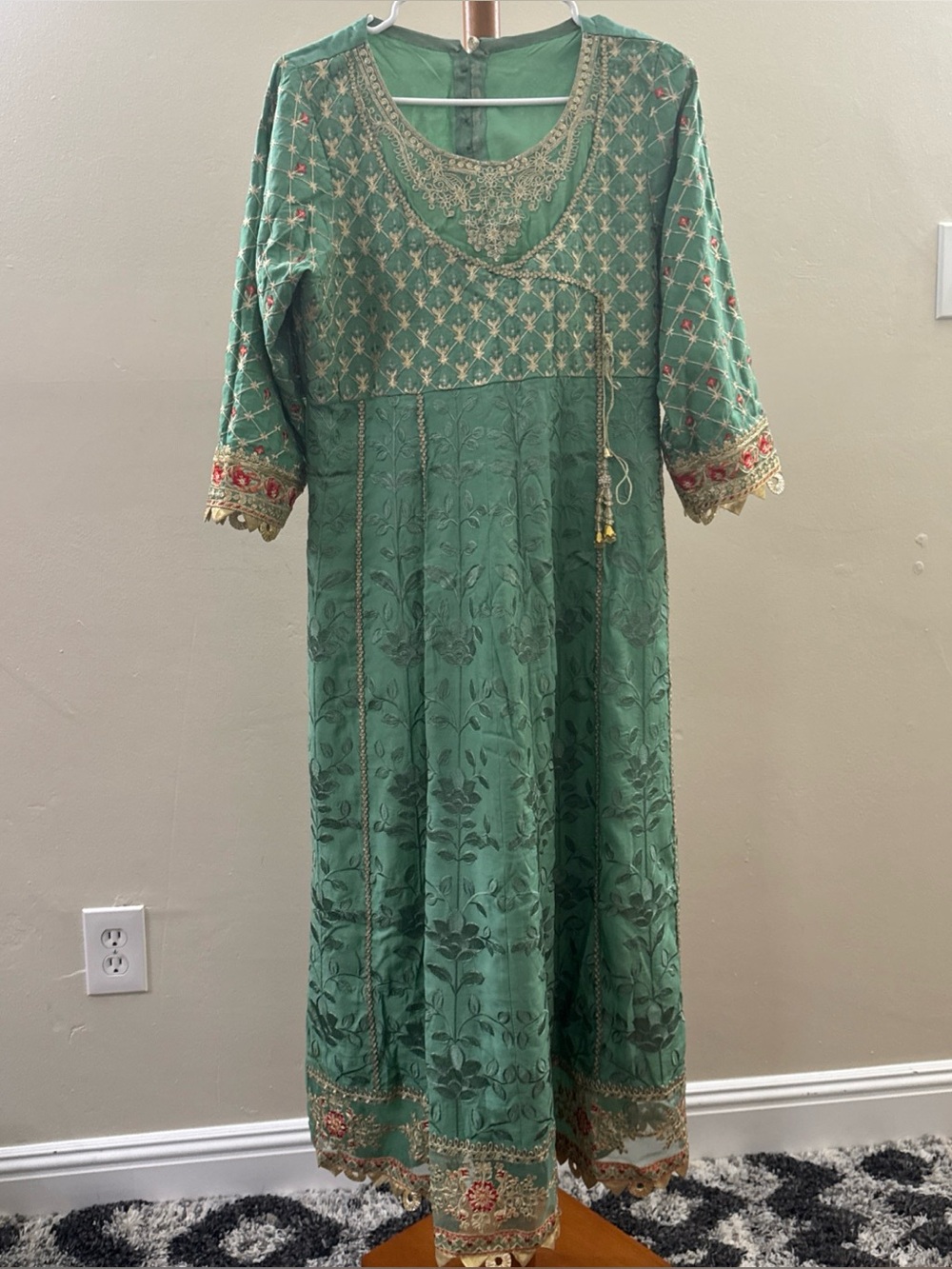 Embroidered Green Women's Dress with Gold Accents